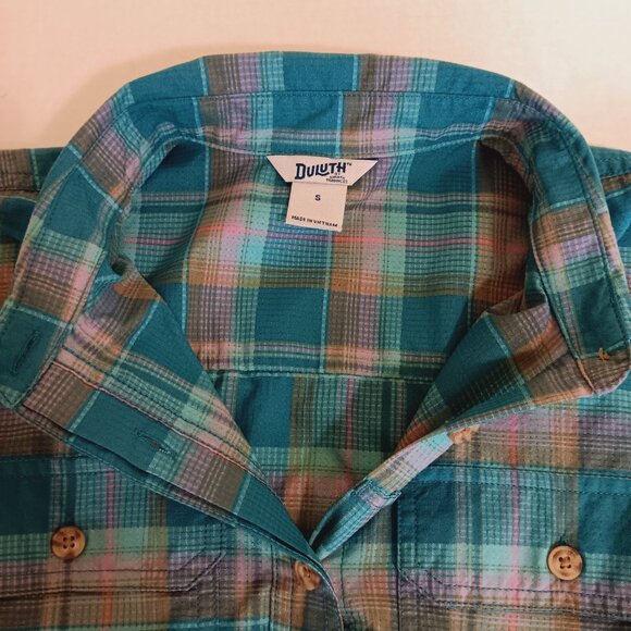 Duluth Trading Co Women's Teal Plaid Short Sleeve Breezeshooter Shirt Size S - Picture 5 of 16